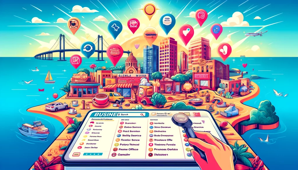 "Illustration of San Diego business directory showing various local businesses and a sunny skyline with landmarks."