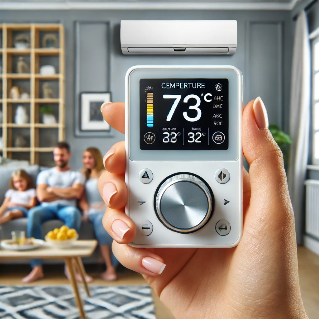 Close-up of a digital thermostat displaying a comfortable temperature in a modern San Diego home, with a family enjoying the cool air in the background.