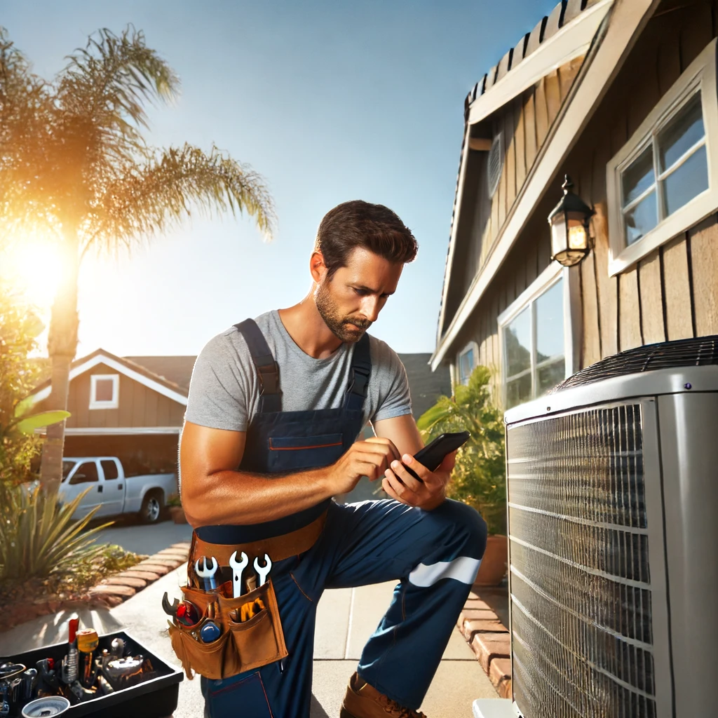HVAC technician repairing an air conditioning unit outside a San Diego home on a sunny day with palm trees in the background.